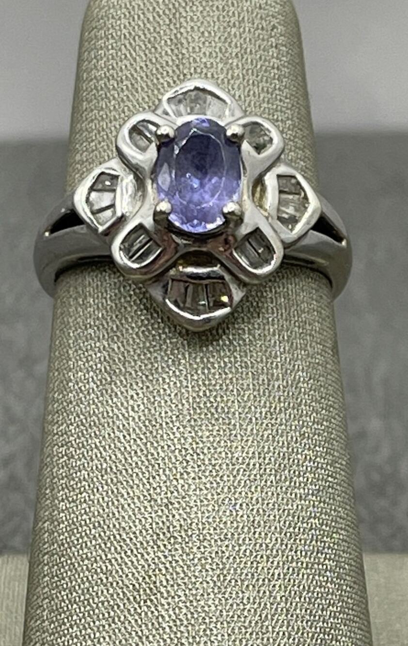 14K White Gold Oval Purple Stone & Diamonds Ring (24604)